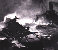 "Pride Of Our Isles" Bernard Gribble's dramatic painting of an early lifeboat assisting a wrecking steamer, courtesy RNLI